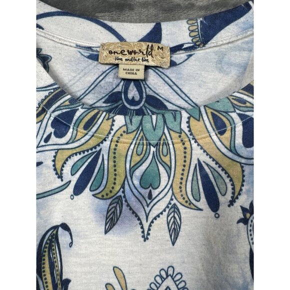 OneWorld Blouse Womens Floral Tunic Top M Blue/White 3/4 Sleeve Boho Print Shirt - Picture 2 of 6